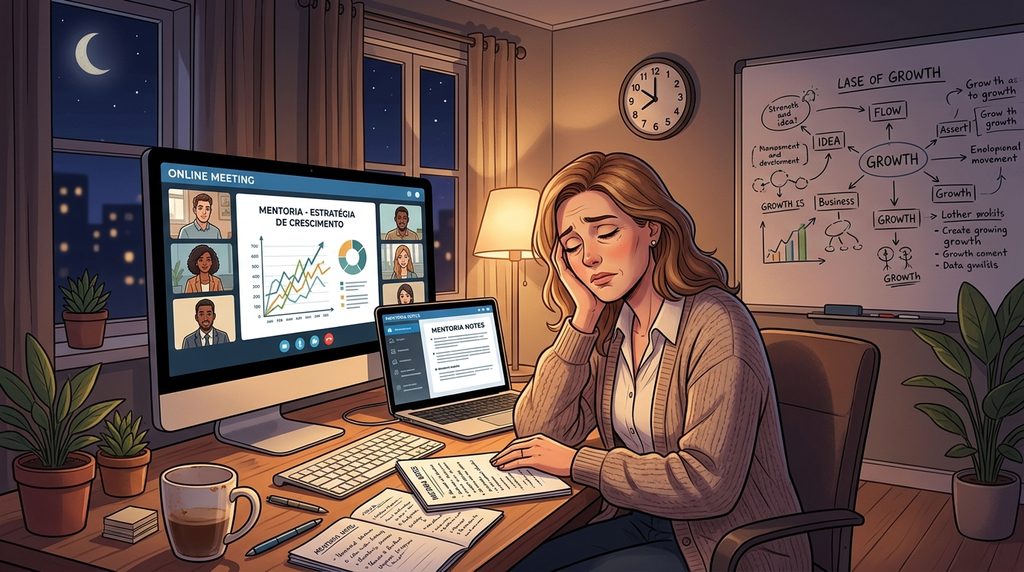 Imagem de uma mulher branca cansada em frente um monitor momentos após finalizar uma sessão de mentoria.