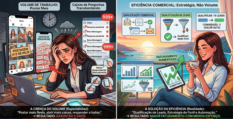 A imagem faz um contraste em uma mentora presa a produção de conteúdo nas redes e outra que utiliza a automação para converter clientes.