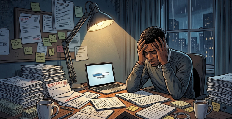 Cena mostra um mentor negro pensativo e cansado sentado no escritório após horas de trabalho
