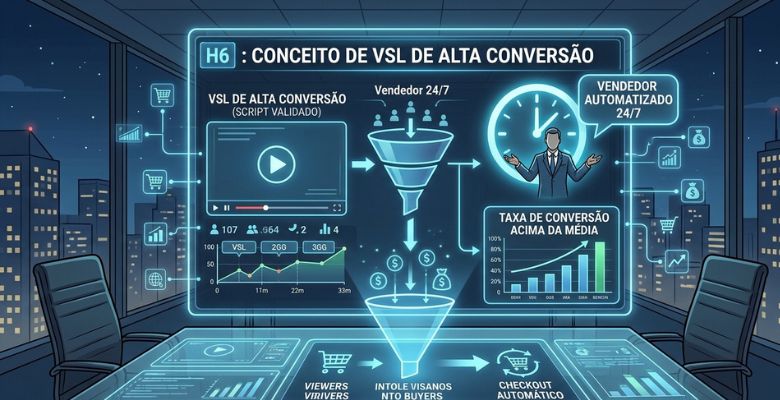 Imagem mostra a estrutura do sistema de vendas automatizada com um vídeo VSL gravado.